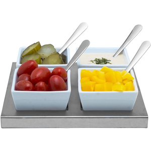 White Ceramic Appetizer Condiment Relish Serving Bowl Set of 4 With Spoons & Stainless Steel Tray (Modern Square)