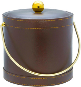 Hand Made In USA Brown With White Stitching Double Walled 3Quart Insulated Ice Bucket With Ice Tongs (Leatherette Collection)