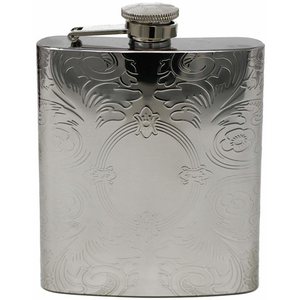 6 oz Pocket Hip Alcohol Liquor Flask in Etched Vintage Victorian Scroll Print  Made from 304 (18/8) Food Grade Stainless Steel