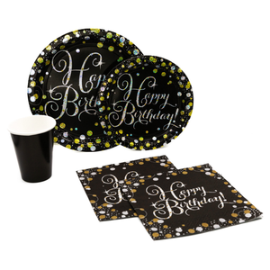 Sparkling Happy Birthday Pack! Disposable Paper Plates, Napkins and Cups Set for 15 (With free extras)