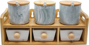 Set of 6 Tiered Marble Ceramic Condiment Spice Jars & Drawers With Spoons, Bamboo Lids and Rack