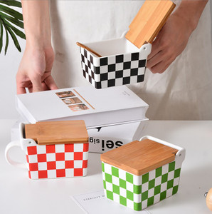 Set of 3 Classic Checkered Pattern Ceramic Condiment Spice Jars With Bamboo Lids, Spoons, and Tray