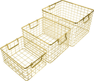 S8139 GOLD | Set of 3 Nested Wire Basket Trays for Storage and Organizing