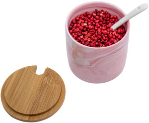 Set of 3 Marble Ceramic Condiment Spice Jars With Spoons and Bamboo Lids and Tray