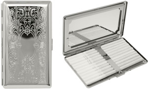 Silver Victorian Scroll | Set of 2 Metal-Plated 120s Compact Cigarette Case With Built-in Mirror