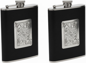 8oz Queen of Spades | Set of 2 Stainless Steel Pocket Hip Flasks Wrapped in Faux Leather