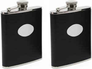 6oz Smooth Black | Set of 2 Stainless Steel Pocket Hip Flasks Wrapped in Faux Leather