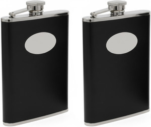 8oz Smooth Black | Set of 2 Stainless Steel Pocket Hip Flasks Wrapped in Faux Leather