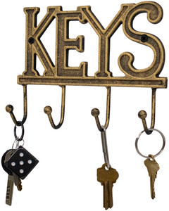 Rustic Cast Iron "Keys" Holder With 4 Key Hooks for Wall Mount