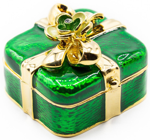 Enamel Green Gift Shaped Porcelain Pocket Purse Portable Travel Pill Box & Medicine Organizer (1 Large Compartment)