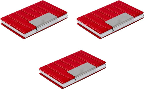 Set of 3 Slim Metal Business Card Holder Unisex Case With Leatherette Insert (Red Crocodile Tab)