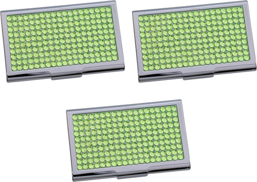 Set of 3 Slim & Minimalist Metal Business Card Holder Unisex Case With Rhinestone Insert (Peridot)