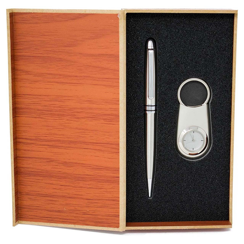 2-Piece Boxed Gift Set of Matte Ballpoint Pen and Keyring Watch in Stainless Steel