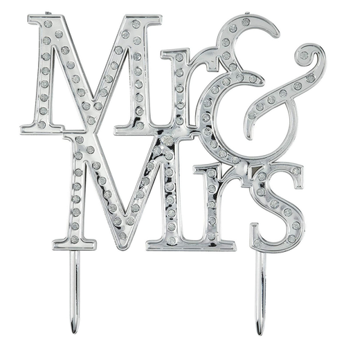 Mr & Mrs Love Themed Cake Topper for Proposal, Wedding, Bridal Shower or Anniversary Cake (Silver Gems)