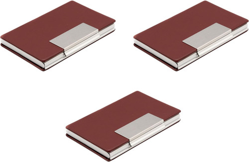 Set of 3 Slim Metal Business Card Holder Unisex Case With Leatherette Insert (Smooth Brown)