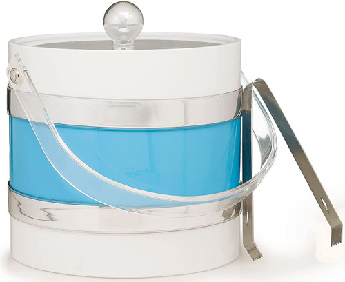 Hand Made in USA Double Walled Turquoise 3Quart Insulated Ice Bucket with Ice Tongs & Clear Lucite Lid and Handle (Two Tone Collection)