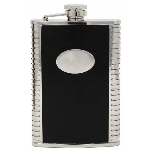 8 oz Black Smooth Leather With Ridged Sides Discrete Pocket Hip Alcohol Liquor Flask  Made from 304 (18/8) Food Grade Stainless Steel