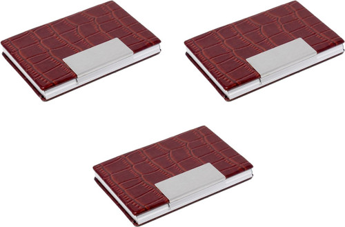 Set of 3 Slim Metal Business Card Holder Unisex Case With Leatherette Insert (Brown Crocodile Tab)