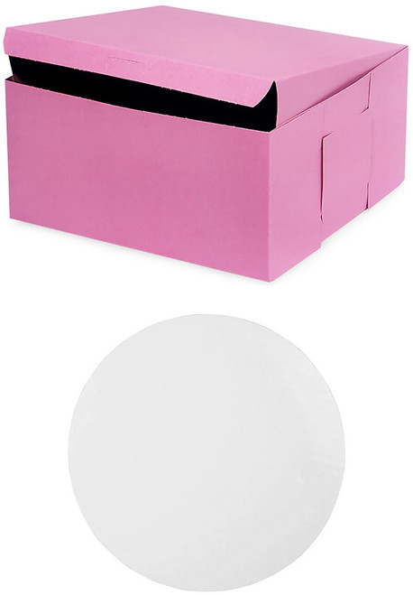 Made in USA 8" X 8" X 4" Recycled Pink Kraft Cake Box & 8" Round Cake Boards (Pack of 10  Front Loading)