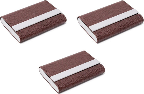 Set of 3 Double Sided Faux Saffiano Leather Business Card Cases (Brown, Long Plate)