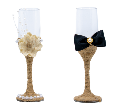 Natural Jute Twine Wedding Dress & Tuxedo  Bride and Groom Wedding Glass Champagne Flutes (Set of 2)