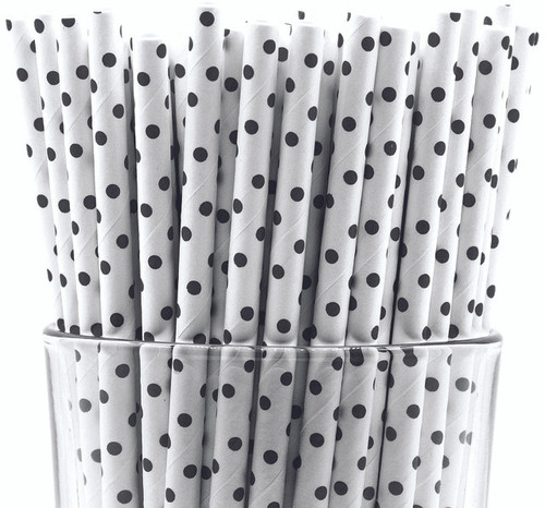 Pack of 150 Black Polka Dot Biodegradable 4Ply Paper Drinking Straws (Compostable, Nontoxic, BPAfree)
