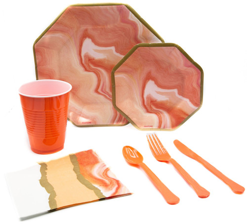 S6977_SET Pantone Living Coral Marble Pack! Disposable Paper Plates, Napkins, Cutlery and Cups Set for 16