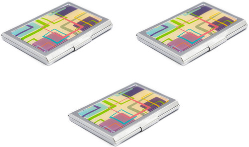 Set of 3 Slim & Minimalist Metal Dual Slot Business Card Holder Unisex Case With Printed Insert (Retro Squares)