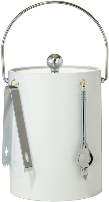 Hand Made In USA White Double Walled 5Quart Insulated Ice Bucket With Ice Tongs & Bottle Opener