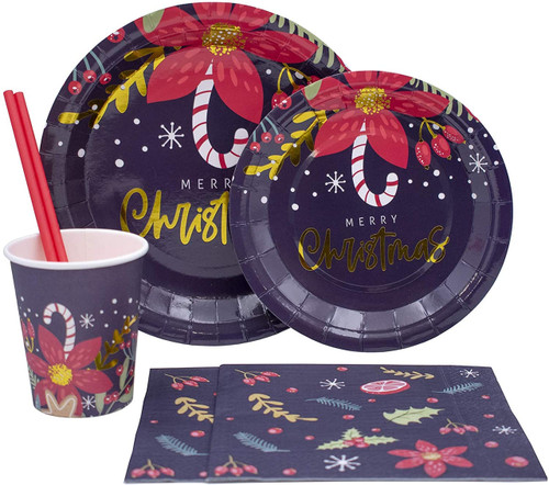 Rustic Christmas Pack! Disposable Paper Plates, Napkins, Cups & Straws Set for 20