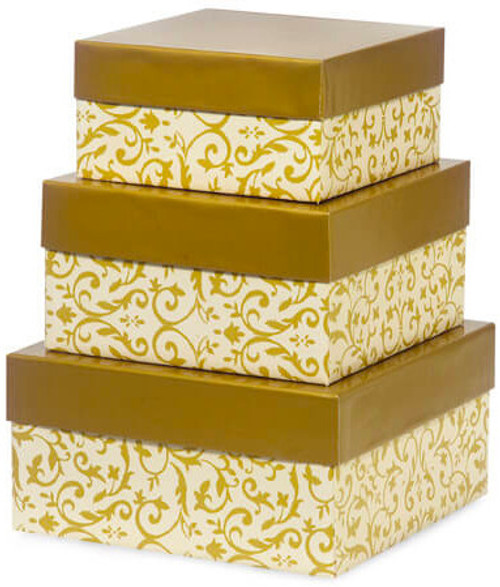 Made in USA Recycled Paper Kraft Boxes  3.25, 4.25 & 5.25  Nested Squared Boxes with Lids (Small Set of 3  Gold Florentine Tapestry)