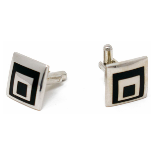 Men's PlatinumPlated Silver Black Squares Cufflinks in Gift Box