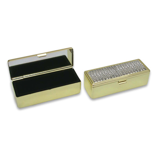 Crystal Stones Gold Boxed Travel Lipstick Case With Mirror