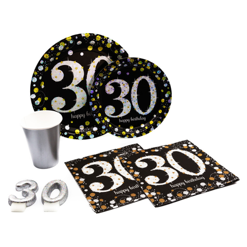 30th Birthday Pack! Disposable Paper Plates, Napkins, Cups & Candles Set for 15 (With free extras)