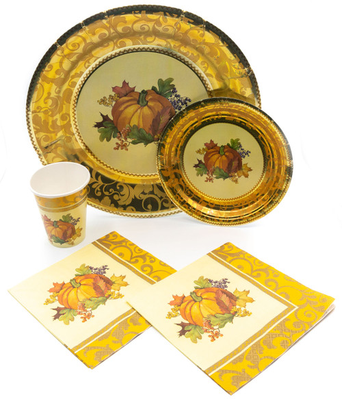 S6790_SET Holiday Thanksgiving Pumpkin Tableware Pack! Disposable Paper Plates, Napkins and Cups Set for 15 (With free extras)