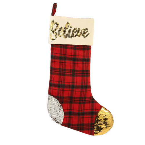 Holiday Christmas Believe 19" Gold Sequin & Plaid Stocking