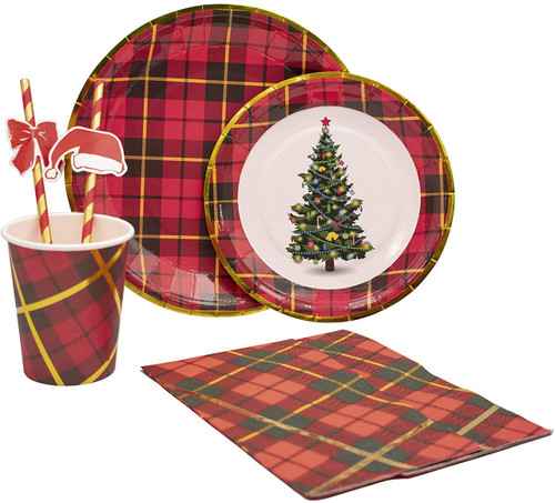 Plaid Christmas Pack! Disposable Paper Plates, Napkins, Cups & Straws Set for 20