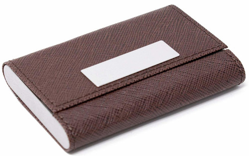 Slim Genuine Brown with Small Metal Strip Saffiano Leather Double Sided Business Card Holder