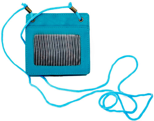 Genuine Cowhide Aqua Leather 2Sided ID Badge Holder with Rear Pouch & Matching Lanyard for Men & Women