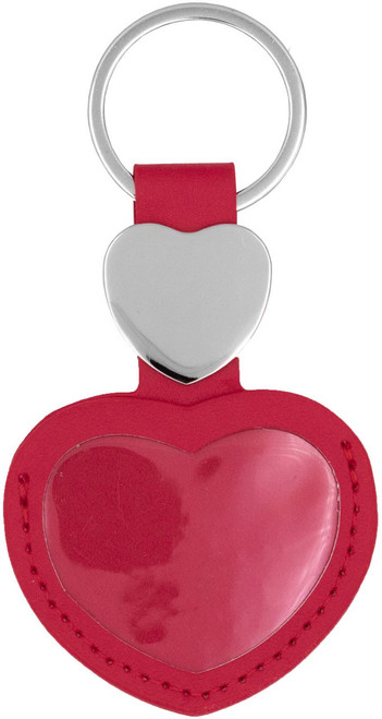 Set of 2 Faux Leather Heart Shaped Photo Keychains (Red)