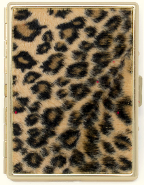 Faux Leopard Print Fur Compact (9 100s) Metal-Plated Cigarette Case & Stash Box Brown