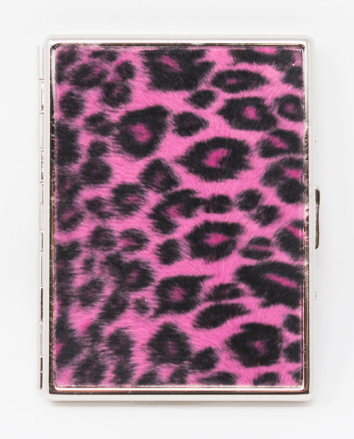 Faux Pink Leopard Print Fur Compact (9 100s) MetalPlated Cigarette Case & Stash Box