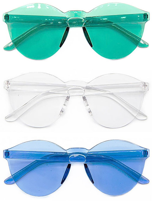 Set of 3 - Stylish Colorful Modern Chic Plastic Frameless Party Sunglasses UV 400 Protection-(Clear, Blue & Green)