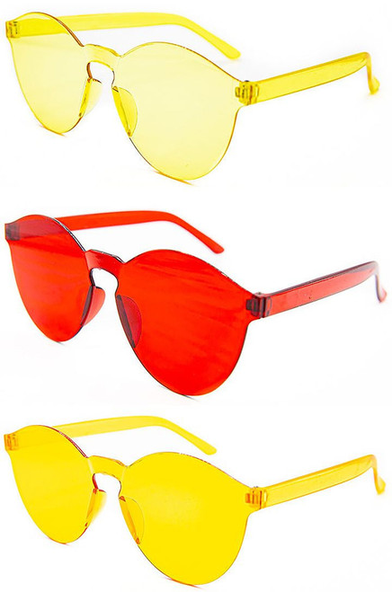 Set of 3 - Stylish Colorful Modern Chic Plastic Frameless Party Sunglasses UV 400 Protection-(Red, Orange & Yellow)