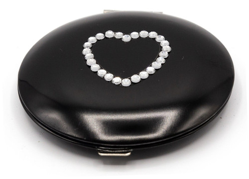 Black With White Rhinestone Heart Folding Compact Pocket Makeup Mirror Double Sided (5x magnification + 1x magnification)