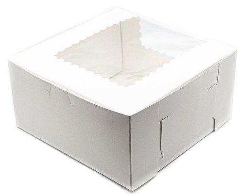 Made in USA 8" X 8" X 4" Recycled White Kraft Cake Box with Scalloped Window & 8" Round Cake Boards (Pack of 10  Front Loading)