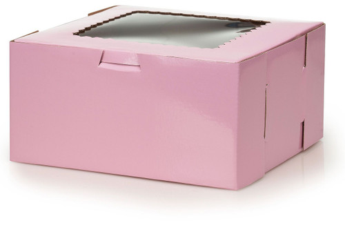 8" X 8" X 4" Corrugated Fiberboard Glossy Pink Cake Box with Scalloped Window & 8" Cake Boards (Pack of 10  Front Loading)