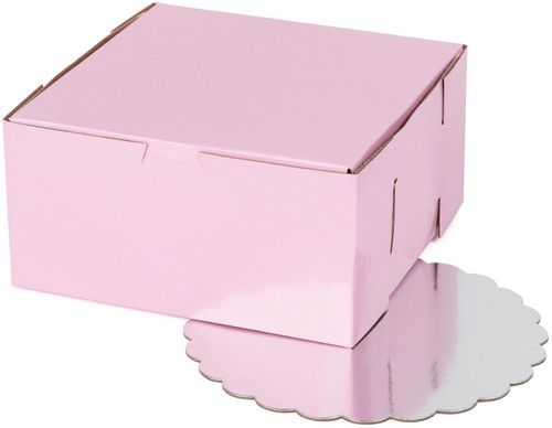 8" X 8" X 4" Corrugated Fiberboard Glossy Pink Cake Box & 8" Scalloped Cake Boards (Pack of 10  Front Loading)