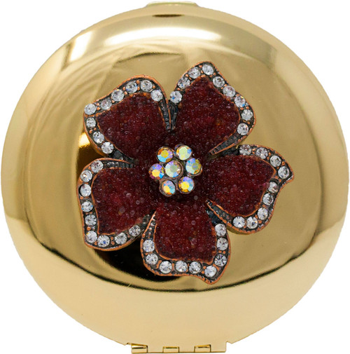 Gold Stoned Flower Round Folding Compact Pocket Makeup Mirror Double Sided (5x magnification + 1x magnification) in Gift Bo