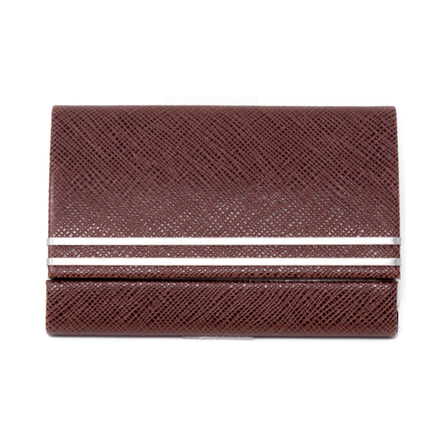 Slim Genuine Saffiano Brown with Metal double Strip Leather Business Card Holder